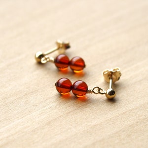 Clous d&#39;oreilles en ambre véritable : pierre pendante remplie d&#39;or 14 carats