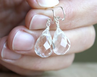Clear Quartz Earrings Dangle . Faceted Quartz Crystal Earrings . Healing Gemstone Teardrop Earrings