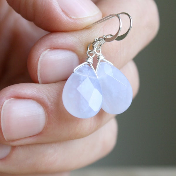 Blue Chalcedony Earrings . Gemstone Teardrop Earrings . Anxiety Earrings in Sterling Silver