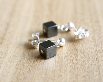 Hematite Stud Earrings . Anxiety Earrings . Cube Stud Earrings in Sterling Silver