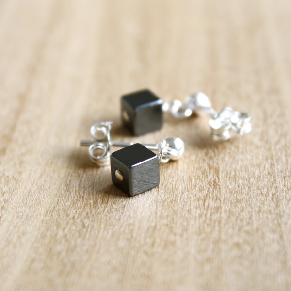 Hematite Stud Earrings . Anxiety Earrings . Cube Stud Earrings in Sterling Silver