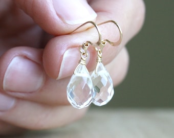 Crystal Quartz Teardrop Earrings Gold . Clear Quartz Earrings Dangle . Faceted Gemstone Earrings