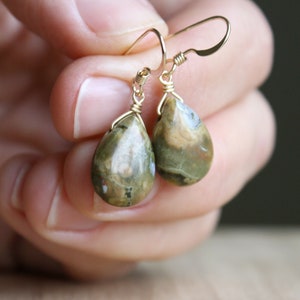 Gold Filled Rhyolite Earrings: Teardrop Gemstone Dangle