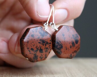 Mahogany Obsidian Earrings . Leverback Gemstone Earrings . Large Stone Earrings Lever Back