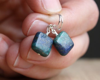 Malachite Azurite Earrings in Sterling Silver for Strength and Cleansing