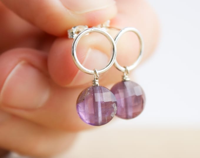 Featured listing image: Amethyst Circle Stud Earrings in Sterling Silver for Protection and Intuition