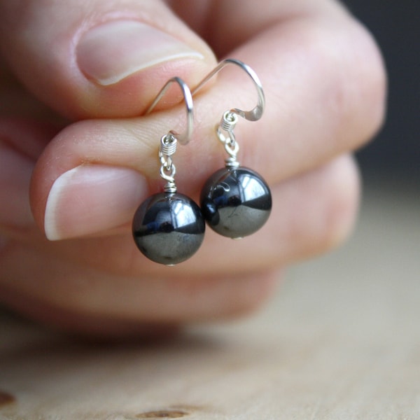 Hematite Earrings . Healing Stone for Anxiety Relief Earrings . Dark Grey Earring . Silver Ball Earrings