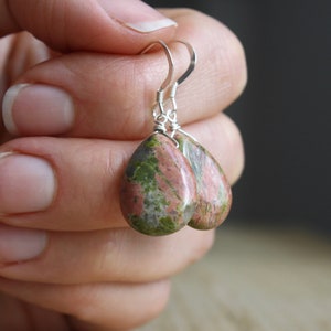 Green Natural Stone Earrings . Nature Inspired Jewelry . Unakite Earrings . Green Gemstone Earrings image 1