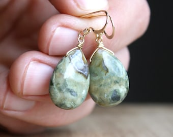 Natural Stone Earrings Dangle . Rhyolite Earrings . Green Gemstone Teardrop Earrings in 14k Gold Fill