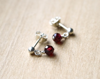 Tiny Garnet Earrings Dangle . Genuine Crystal Stud Earrings . Faceted Gemstone Earrings Studs