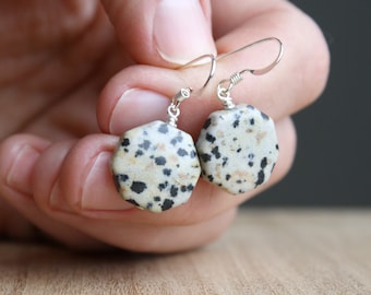 Dalmatian Jasper Earrings Dangle . Natural Gemstone Earrings 925 Sterling Silver . Geometric Stone Earrings