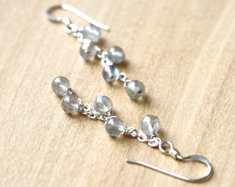 Labradorite Earrings Dangle . Dainty Gemstone Earrings for Women . Natural Crystal Cluster Earrings in Sterling Silver