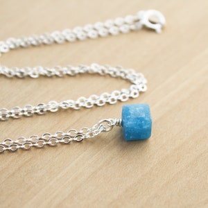 Blue Apatite Necklace . Small Stone Necklace . Cube Necklace . Natural Gemstone Pendant Necklace in Sterling Silver image 6