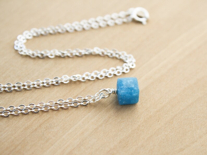 Blue Apatite Necklace . Small Stone Necklace . Cube Necklace . Natural Gemstone Pendant Necklace in Sterling Silver image 6