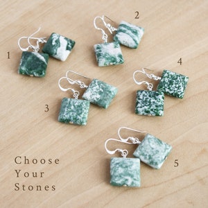 Green Agate Dangle Earrings . Square Stone Earrings in Sterling Silver . Tree Agate Earrings . Green Gemstone Earrings image 4