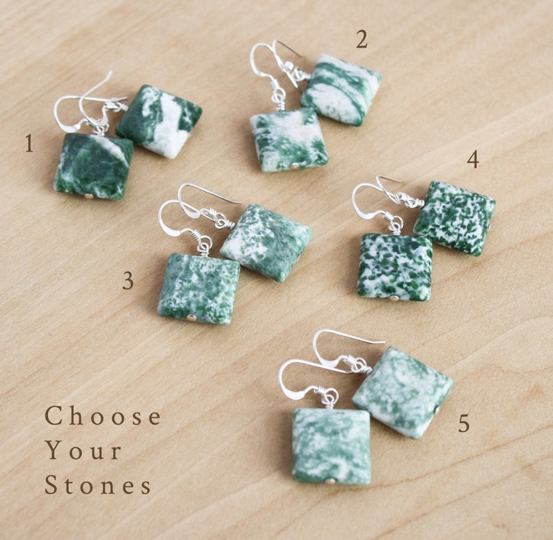 Green Agate Dangle Earrings . Square Stone Earrings in Sterling Silver . Tree Agate Earrings . Green Gemstone Earrings image 4