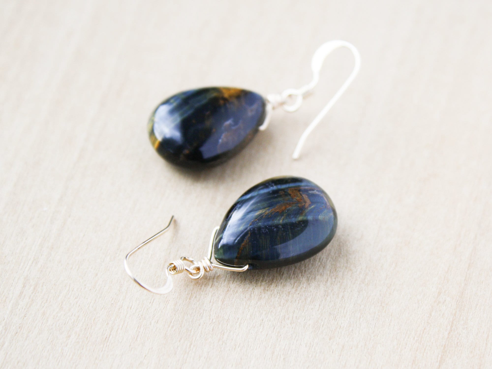 Blue Tiger Eye Earrings in 14k Gold Fill for Balance and Meditation