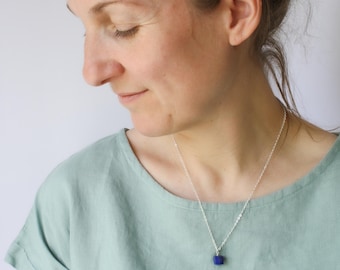 Lapis Lazuli Cube Necklace in Sterling Silver for Inner Strength and Personal Power NEW