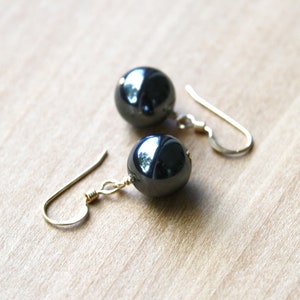 Hematite Earrings Dangle . Healing Stone for Anxiety Relief Earrings . Dark Grey Earring . Round Stone Earrings Gold image 4