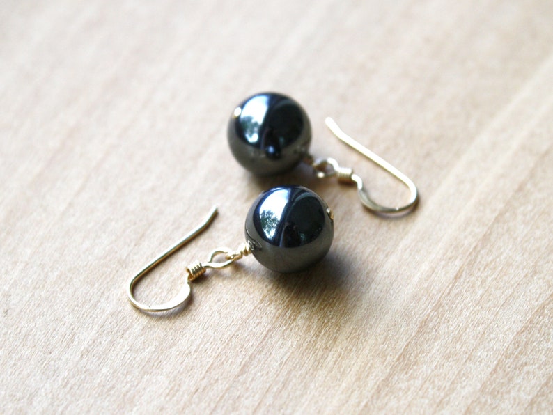 Hematite Earrings Dangle . Healing Stone for Anxiety Relief Earrings . Dark Grey Earring . Round Stone Earrings Gold image 4