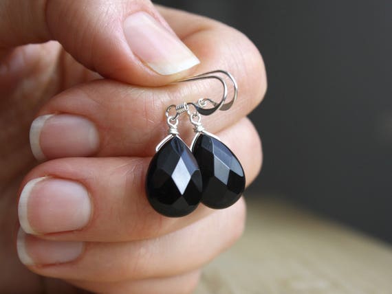 Black Onyx Drop Earrings Teardrop Shape Sterling Silver Black Onyx Drop Earrings Teardrop Shape Sterling Silver