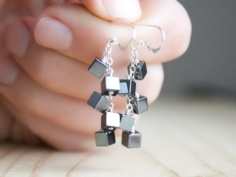 Hematite Earrings Dangle . Anxiety Relief Crystal Earrings . Gemstone Cluster Earrings Silver . Square Earrings image 1