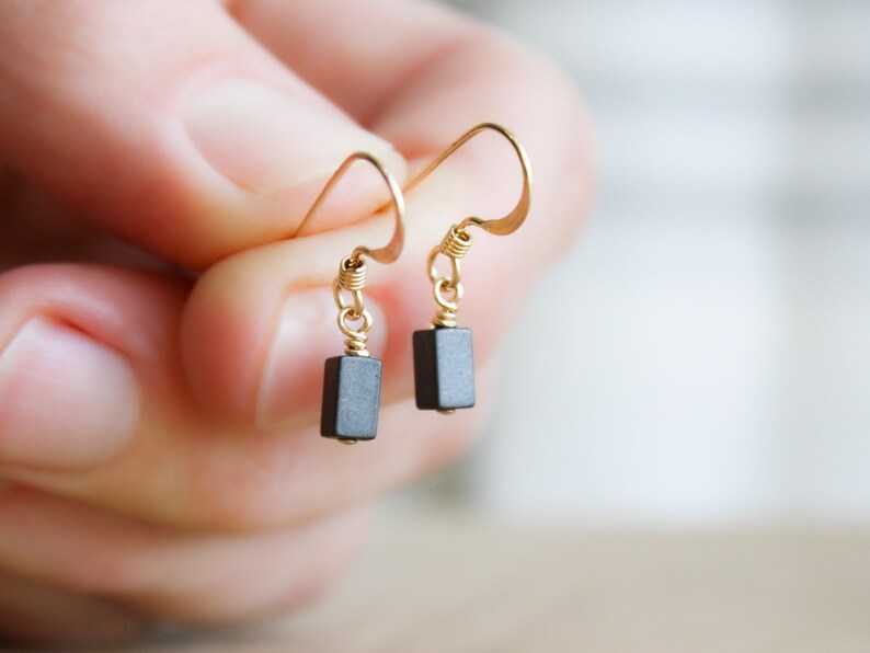 Hematite Earrings . Anxiety Earrings . Minimalist Dangle Earrings in 14k Gold Fill image 5