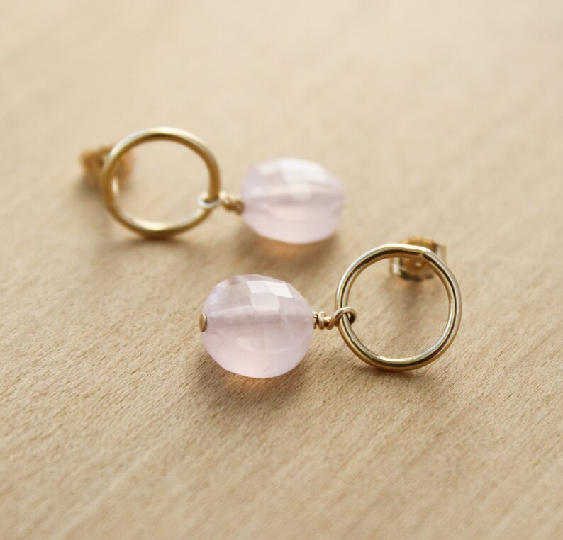 Rose Quartz Earrings Stud . Gold Circle Earrings with Gemstones . Geometric Stud Earrings in 14k Gold Fill NEW image 6