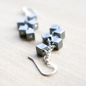 Hematite Earrings Dangle . Anxiety Relief Crystal Earrings . Gemstone Cluster Earrings Silver . Square Earrings image 4