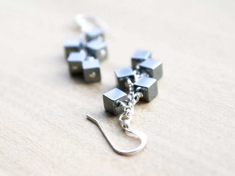 Hematite Earrings Dangle . Anxiety Relief Crystal Earrings . Gemstone Cluster Earrings Silver . Square Earrings image 4