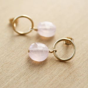 Rose Quartz Earrings Stud . Gold Circle Earrings with Gemstones . Geometric Stud Earrings in 14k Gold Fill NEW image 4