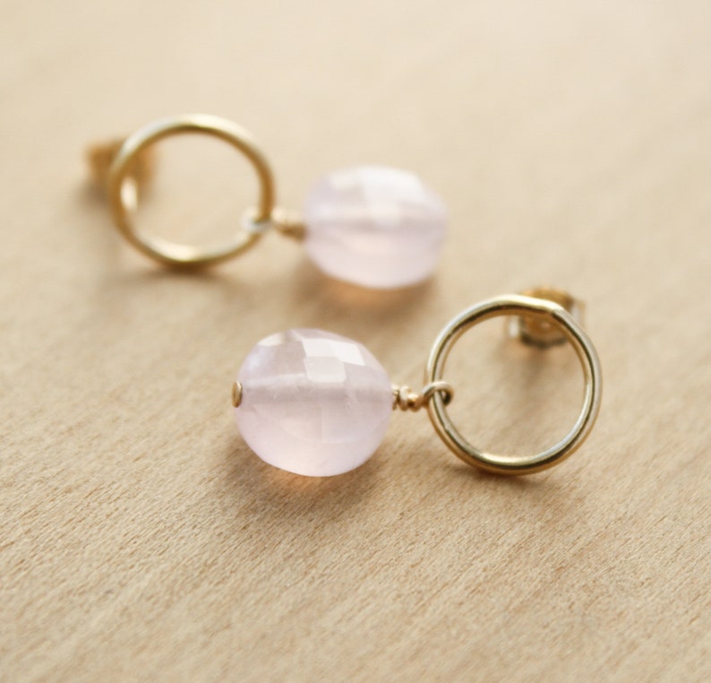 Rose Quartz Earrings Stud . Gold Circle Earrings with Gemstones . Geometric Stud Earrings in 14k Gold Fill NEW image 4