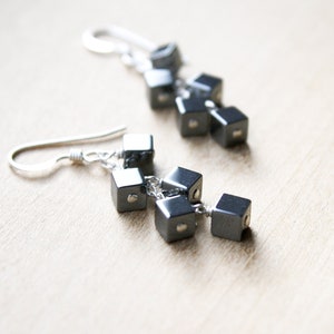 Hematite Earrings Dangle . Anxiety Relief Crystal Earrings . Gemstone Cluster Earrings Silver . Square Earrings image 2