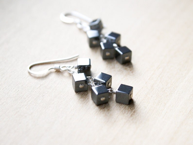 Hematite Earrings Dangle . Anxiety Relief Crystal Earrings . Gemstone Cluster Earrings Silver . Square Earrings image 2