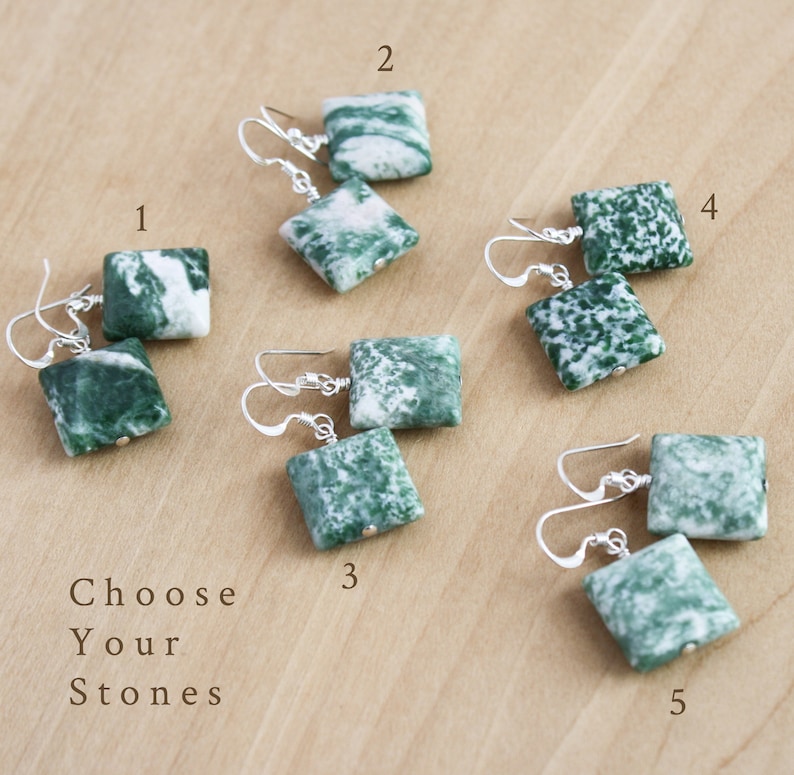 Green Agate Dangle Earrings . Square Stone Earrings in Sterling Silver . Tree Agate Earrings . Green Gemstone Earrings image 2