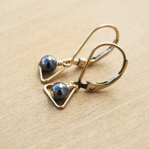 Hematite Earrings . Triangle Earrings Gold . Dainty Leverback Earrings in 14k Gold Fill NEW image 2