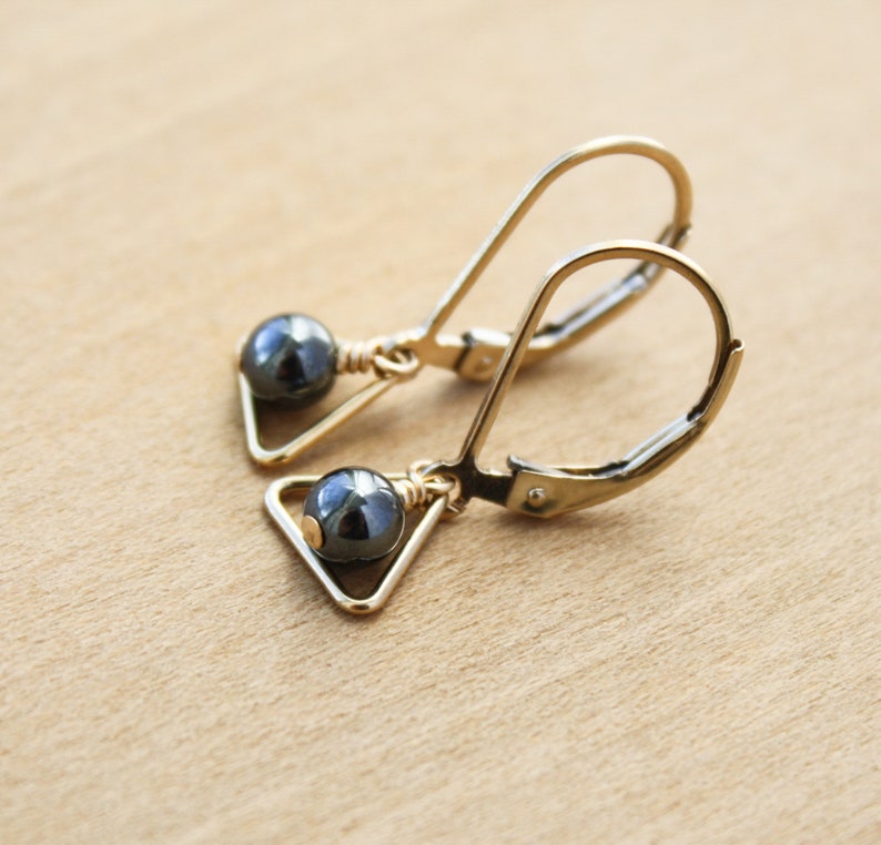 Hematite Earrings . Triangle Earrings Gold . Dainty Leverback Earrings in 14k Gold Fill NEW image 2