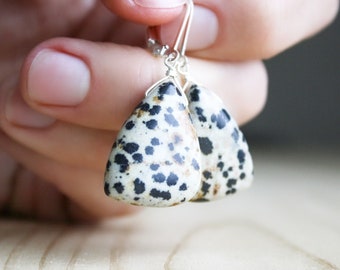 Dalmatian Jasper Earrings Sterling Silver . Large Stone Earrings Dangle . Gemstone Leverback Earrings