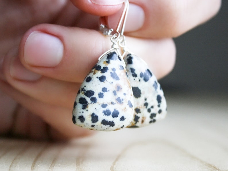 Dalmatian Jasper Earrings Sterling Silver . Large Stone Earrings Dangle . Gemstone Leverback Earrings image 1