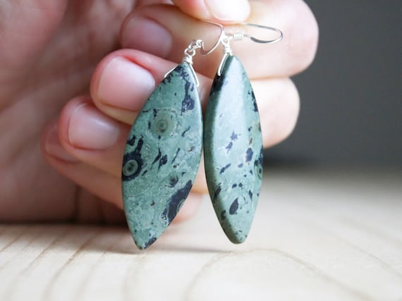 Green Jasper Earrings Dangle . Kambaba Jasper Earrings . Long