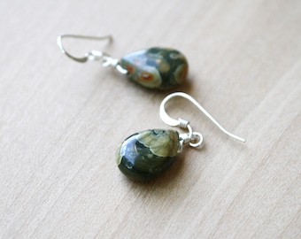 Green Stone Earrings Dangle . Rhyolite Earrings . Teardrop Earrings Gemstone