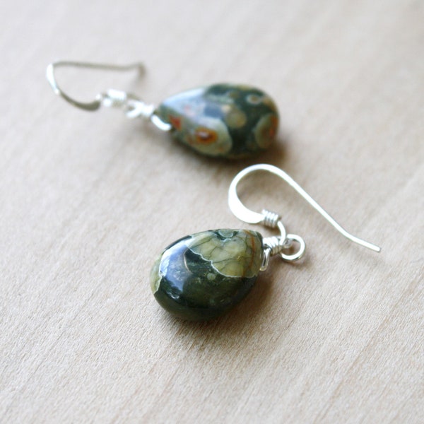 Green Stone Earrings Dangle . Rhyolite Earrings . Teardrop Earrings Gemstone