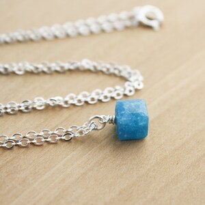 Blue Apatite Necklace . Small Stone Necklace . Cube Necklace . Natural Gemstone Pendant Necklace in Sterling Silver image 3