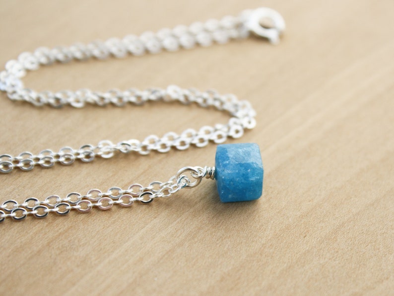 Blue Apatite Necklace . Small Stone Necklace . Cube Necklace . Natural Gemstone Pendant Necklace in Sterling Silver image 3