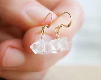 Herkimer Diamond Earrings . Raw Crystal Earrings . Clear Crystal Earrings in 14k Gold Fill NEW