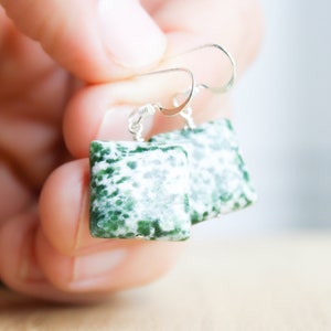 Green Agate Dangle Earrings . Square Stone Earrings in Sterling Silver . Tree Agate Earrings . Green Gemstone Earrings image 5