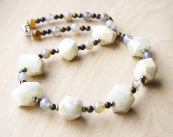 Natural White Moonstone, Bronzite, Agate, and Pyrite Necklace for Inner Strength and Calm