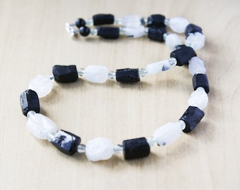 Black Tourmaline, Moonstone, and Prehnite Necklace for Security and Peace