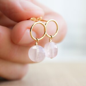 Rose Quartz Earrings Stud . Gold Circle Earrings with Gemstones . Geometric Stud Earrings in 14k Gold Fill NEW image 5