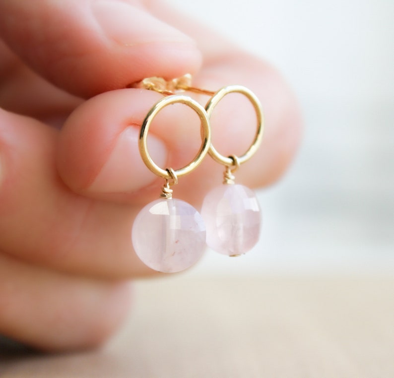 Rose Quartz Earrings Stud . Gold Circle Earrings with Gemstones . Geometric Stud Earrings in 14k Gold Fill NEW image 5